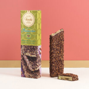 VENCHI Pistacchio Gourmet su pistacijų pasta kepintomis pistacijomis, aplieta juoduoju šokoladu, karamelizuotais traškučiais