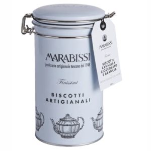 MARABISSI Biscotti sausainiai su cinamonu, šokolado gabalėliais ir apelsinais 200g (met. dėž.)