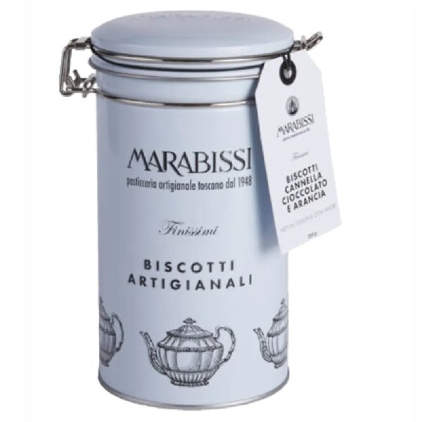 MARABISSI Biscotti sausainiai su cinamonu, šokolado gabalėliais ir apelsinais 200g (met. dėž.)