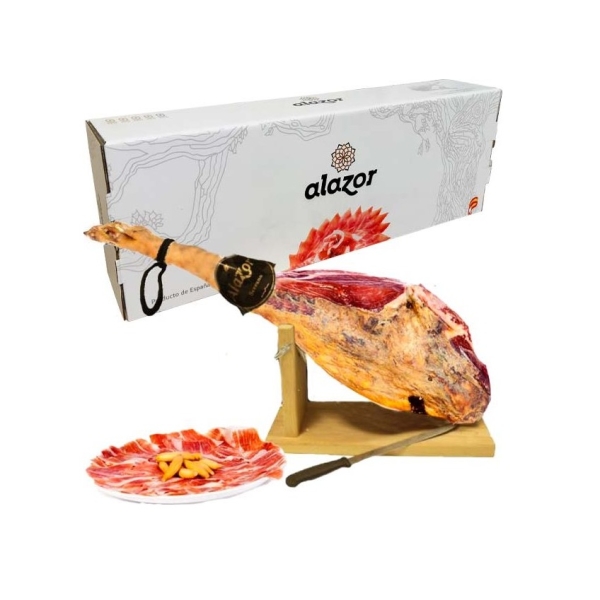 ALAZOR Jamon Serrano Mini vytintas kumpis su mediniu stovu ir peiliu 6-7,5kg ALAZOR Jamon Serrano Mini vytintas kumpis su mediniu stovu ir peiliu 6-7,5