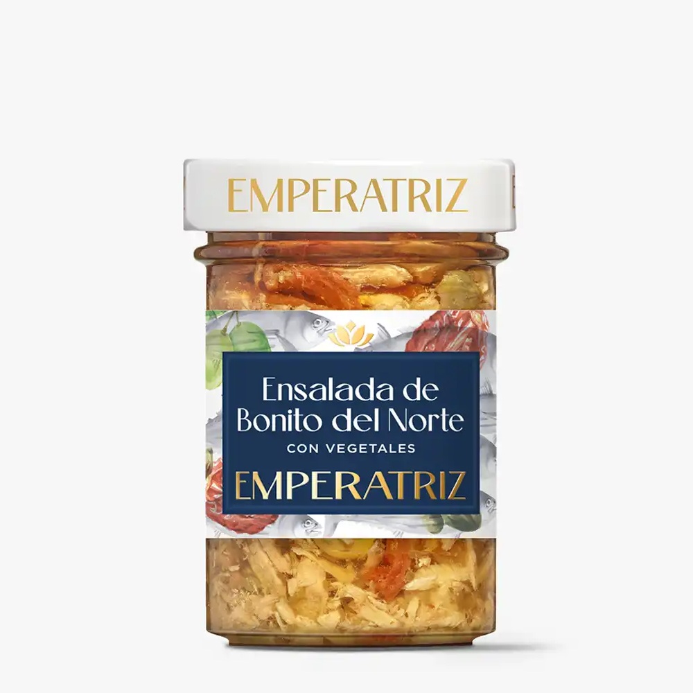 EMPERATRIZ Ensalada de Bonito del Norte smulkinta baltojo ilgapelekio tuno filė su daržovėmis EMPERATRIZ Tuno filė salotos su daržovėmis