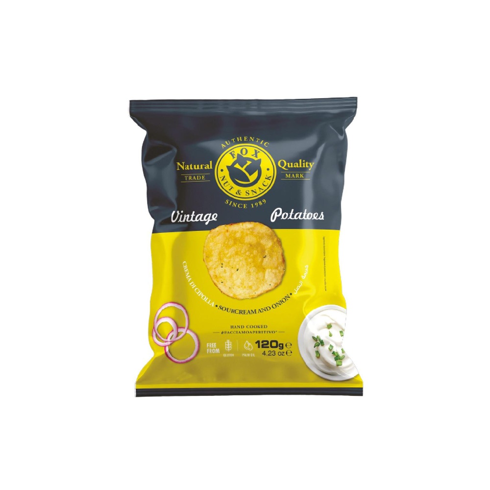 FOX Nut & Snack rankų darbo bulvių traškučiai grietinės ir svogūnų skonio 120g FOX Nut & Snack rankų darbo bulvių traškučiai grietinės ir svogūnų skonio 120g